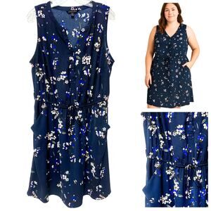 41 Hawthorn (Stitch Fix) Floral Drawstring Dress with Pockets – Navy – Size 1X